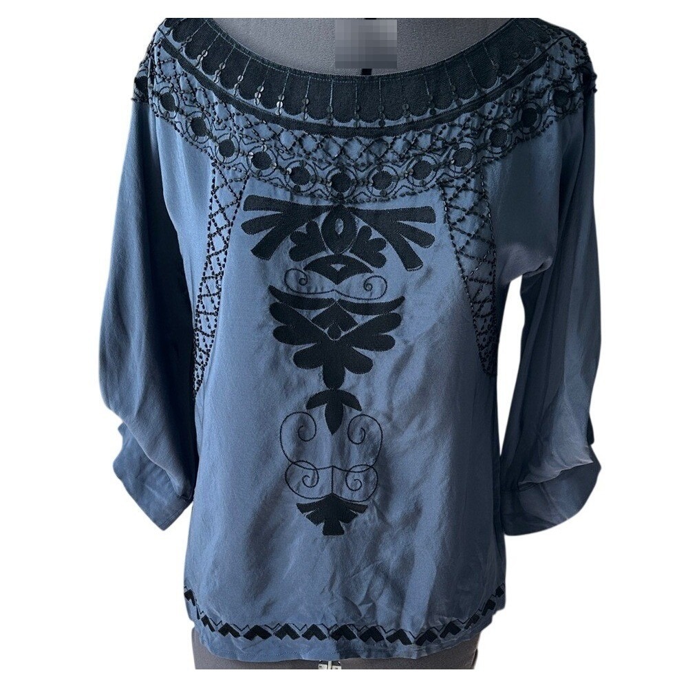 Corey Lynn Calter Blue Silk Embroidered Beaded Sequin Blouse Top 2 Anthropologie